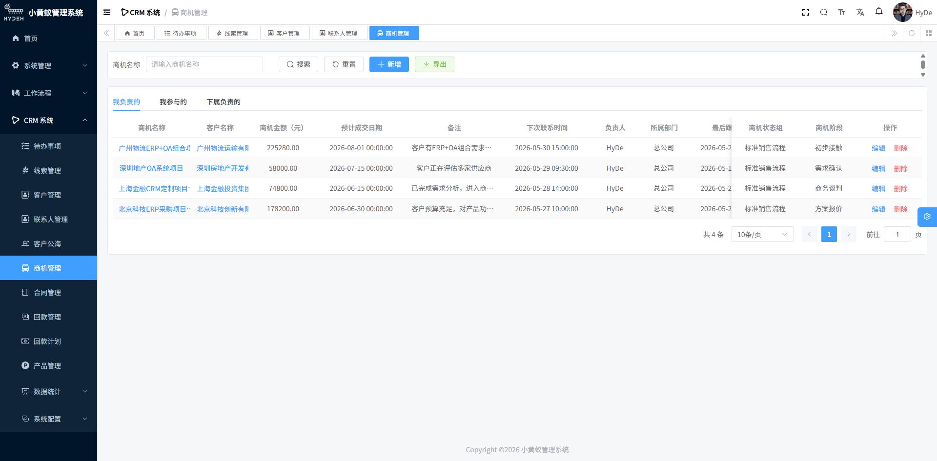 商机管理页面