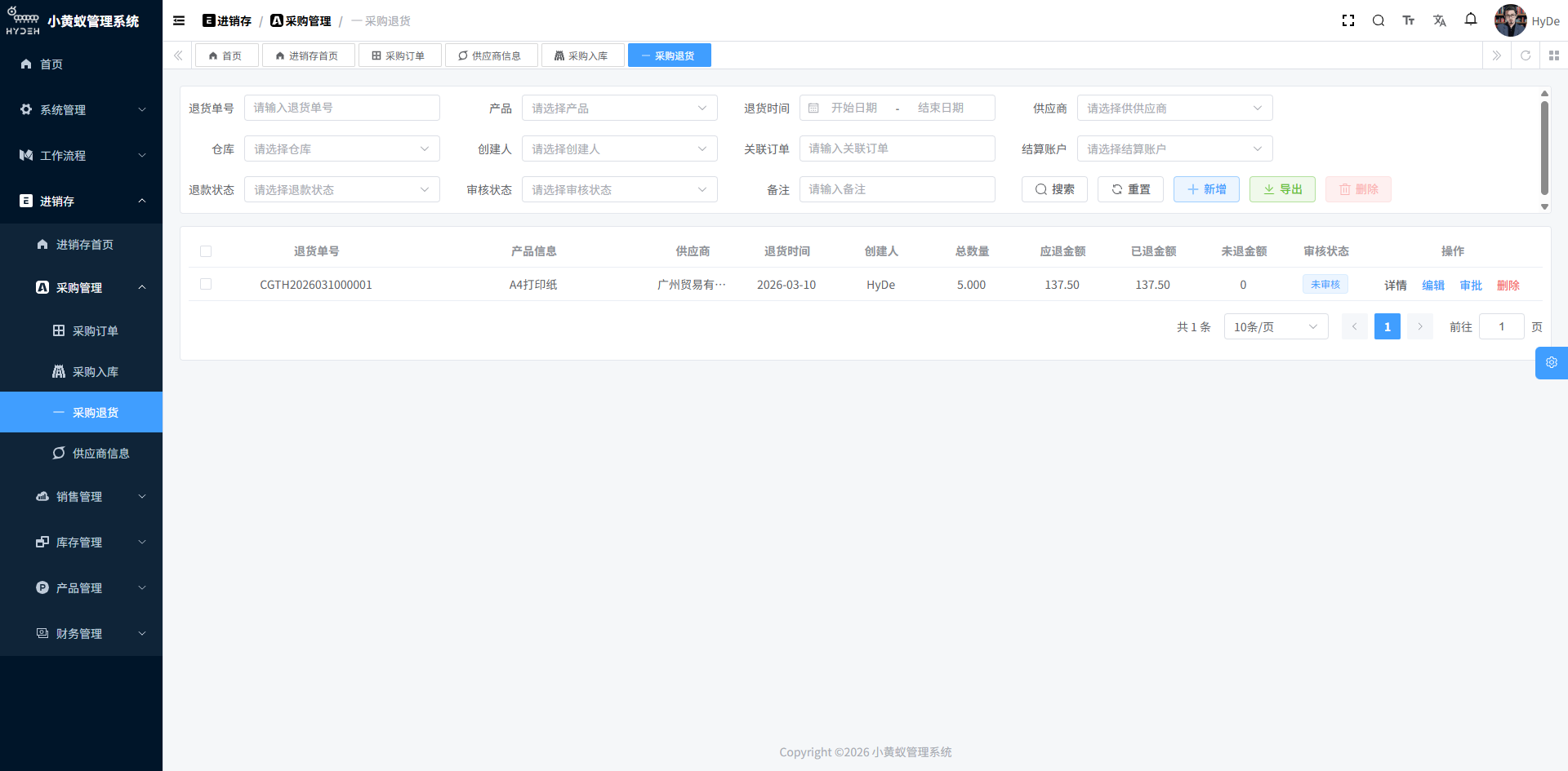 采购退货页面